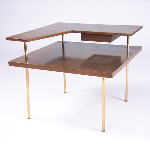 Appraisal: HARVEY PROBBER Two-tiered corner table with single drawer and brass