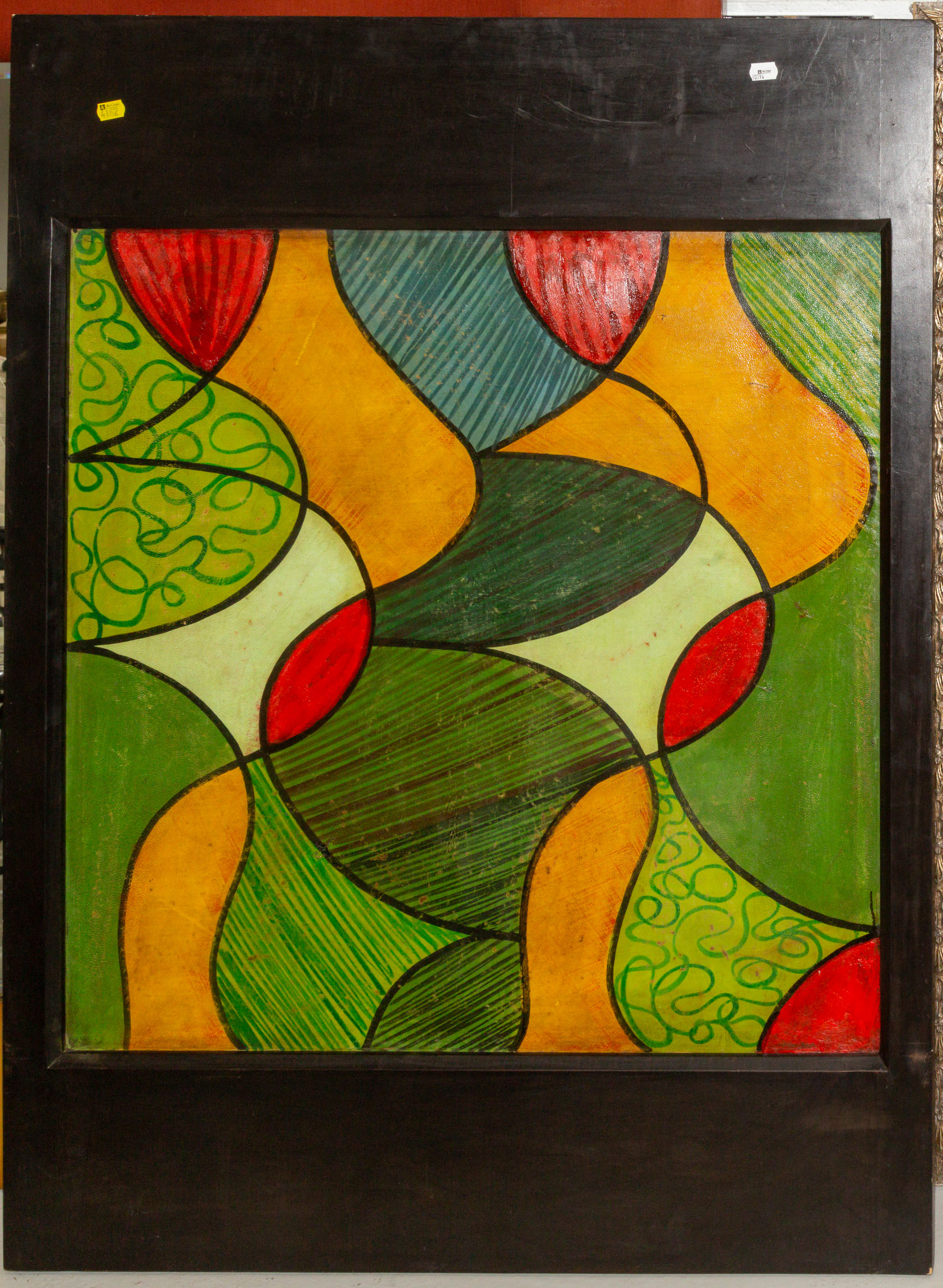 Appraisal: ABSTRACT PAINTED LEATHER PANEL FRAMED Modern sight size x in