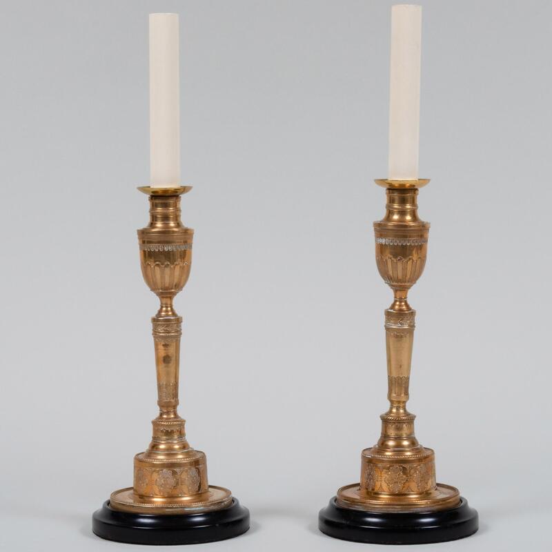 Appraisal: Pair of George III Gilt Brass Candlesticks Mounted as Lamps