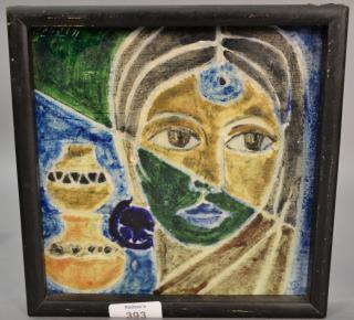 Appraisal: Mid-Century modern portrait on ceramic tile signed T L Dabit