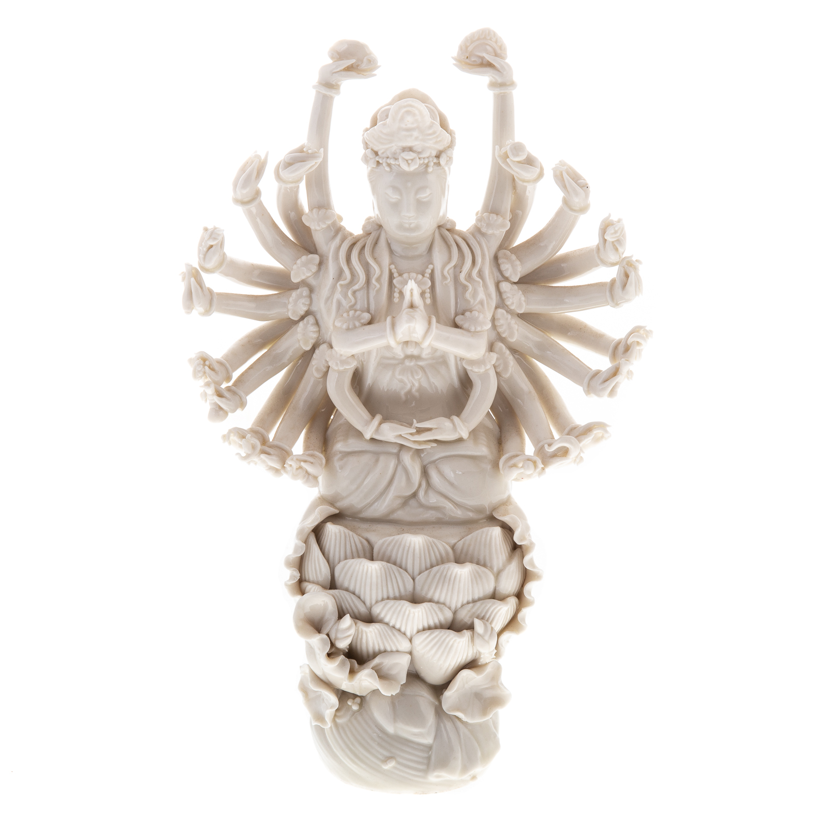 Appraisal: CHINESE BLANC DE CHINE QUAN YIN OF ARMS Figure seated