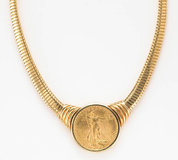 Appraisal: A Saint-Gauden's gold coin and k gold necklace gross weight