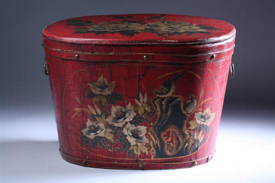 Appraisal: CHINESE RED LACQUER RICE CHEST AND COVER Circa Of oval-form