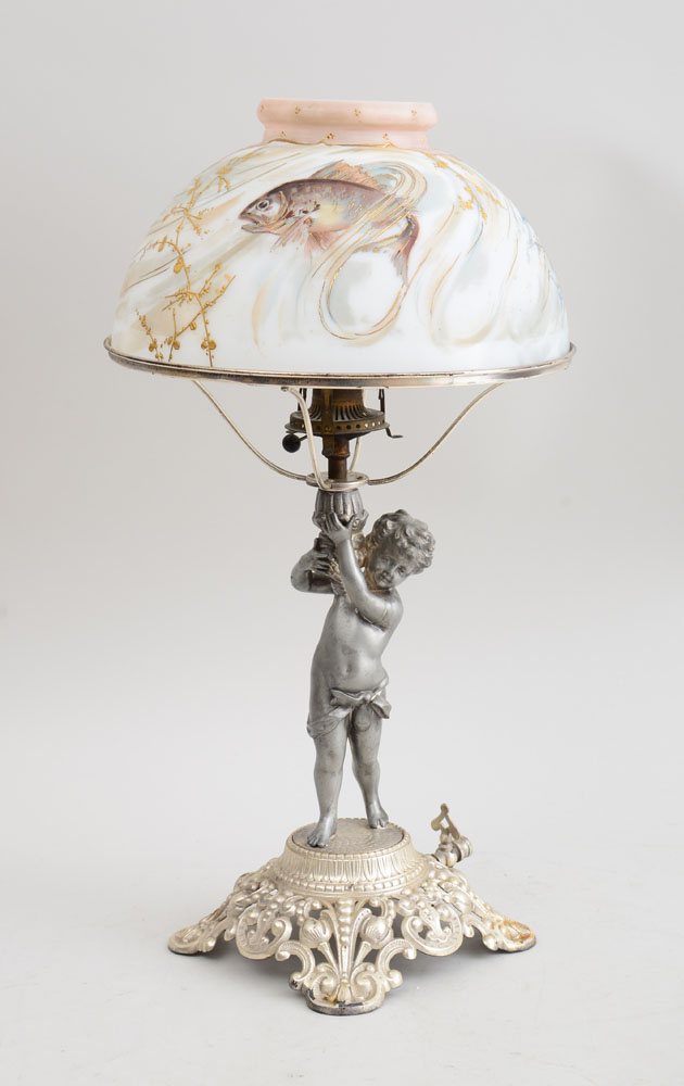 Appraisal: PATINATED-METAL FIGURAL LAMP STAND Modeled as a putto holding the