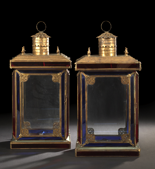 Appraisal: Large Pair of English Brass-Mounted Cobalt Ruby and Colorless Glass