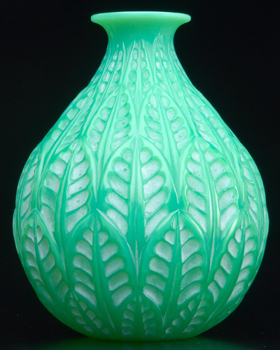 Appraisal: R LALIQUE Vase Malsherbes cased jade green with whitish patina