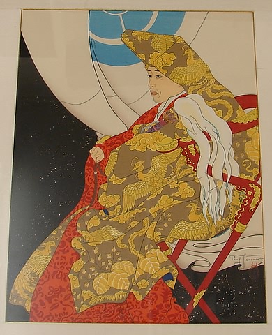 Appraisal: Man seated wearing yellow costume with bird design color woodcut