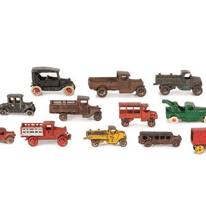 Appraisal: Twelve Painted Cast Iron Toy Cars Trucks and Buses th