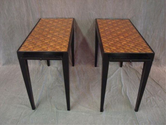 Appraisal: Pair of Black Lacquer Tables with Pull Outs Very decorative