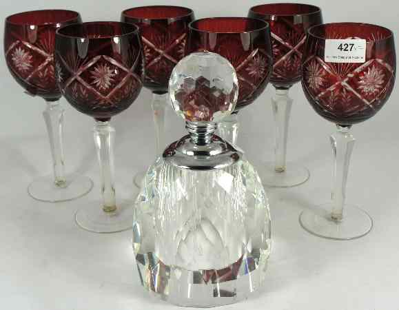 Appraisal: Large Red Hand Etched Goblets and a Large Crystal Perfume