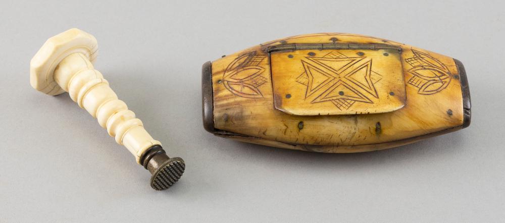 Appraisal: CARVED HORN SNUFF BOX AND A BONE PIPE TAMPER TH