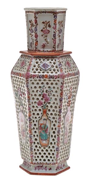 Appraisal: CHINESE HEXAGONAL RETICULATED PORCELAIN VASE WITH VASE MOTIFS RESTORED