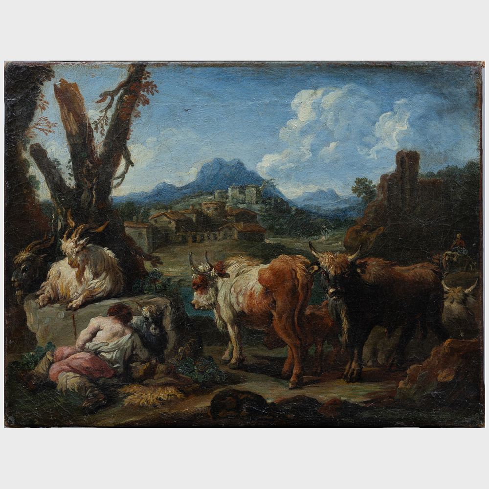 Appraisal: Italian School Landscape with Cattle Oil on canvas unsigned x