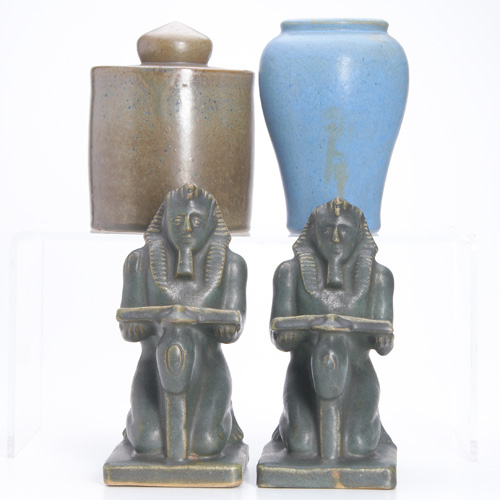 Appraisal: FULPER Four pieces a pair of Ramses bookends in matte