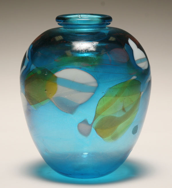 Appraisal: Tom McLaughlin blue studio glass vase White and green leaves