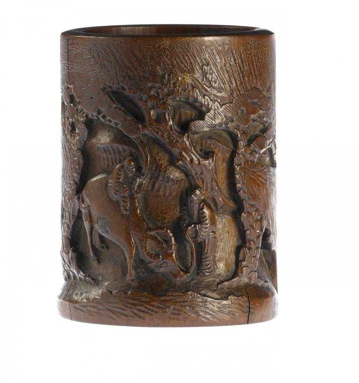 Appraisal: A CHINESE BAMBOO BRUSH POT BITONG carved with the scene