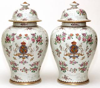 Appraisal: SAMSON FRENCH ARMORIAL PORCELAIN COVERED URNS C PAIR H DIA