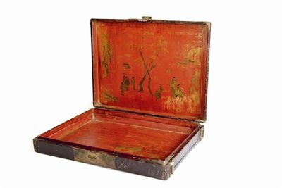 Appraisal: A Chinese leather covered artist's box with bronze strap loops