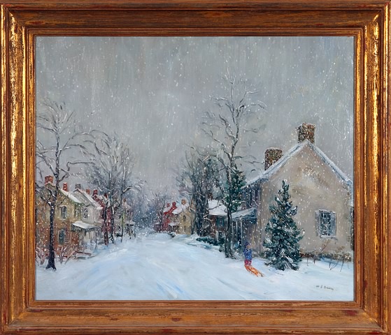 Appraisal: Winter scene of village with snow falling oil on canvas