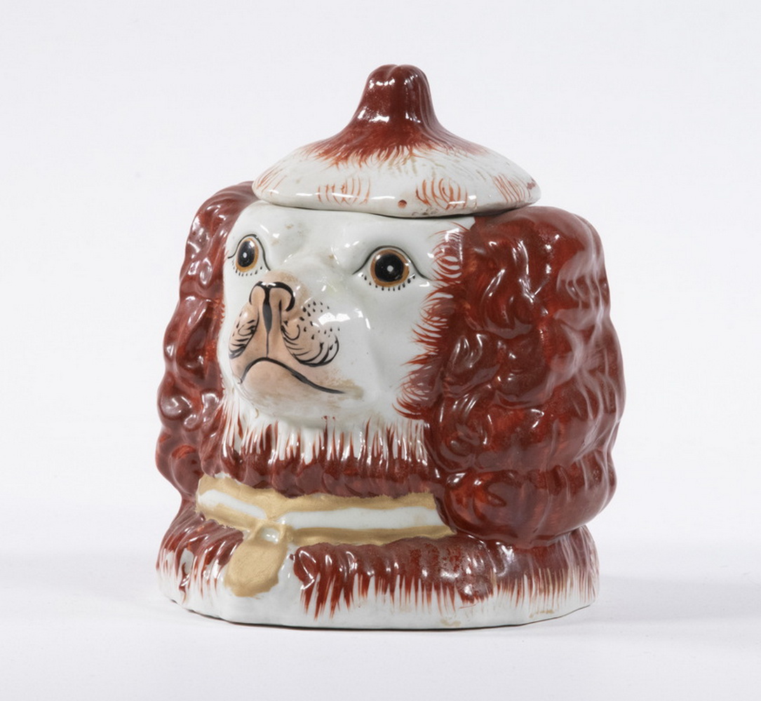 Appraisal: STAFFORDSHIRE SPANIEL HEAD TOBACCO JAR Vintage English Pottery Double Dog