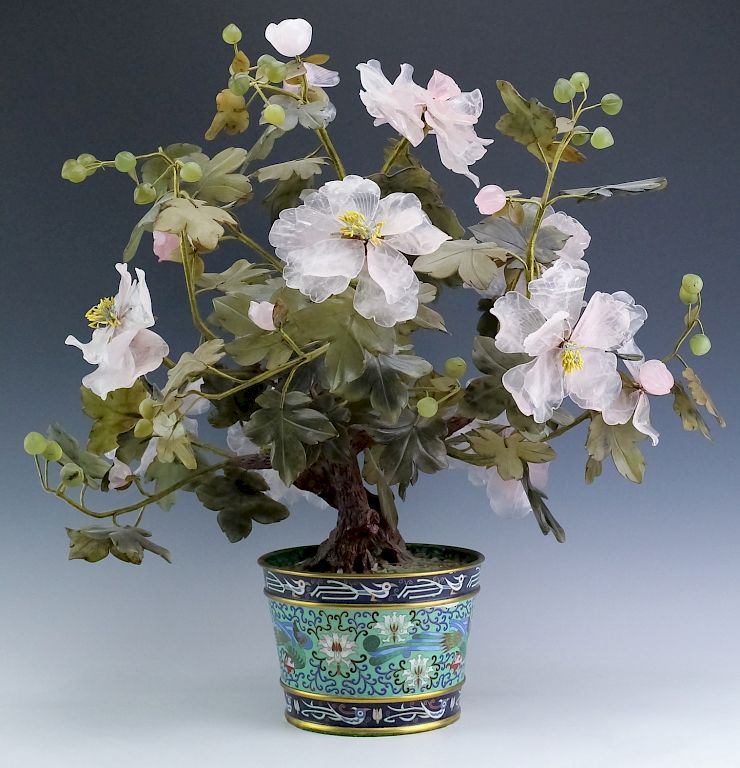 Appraisal: Chinese Jade Gemstone Flower Cloisonne Enamel Tree Chinese export semi