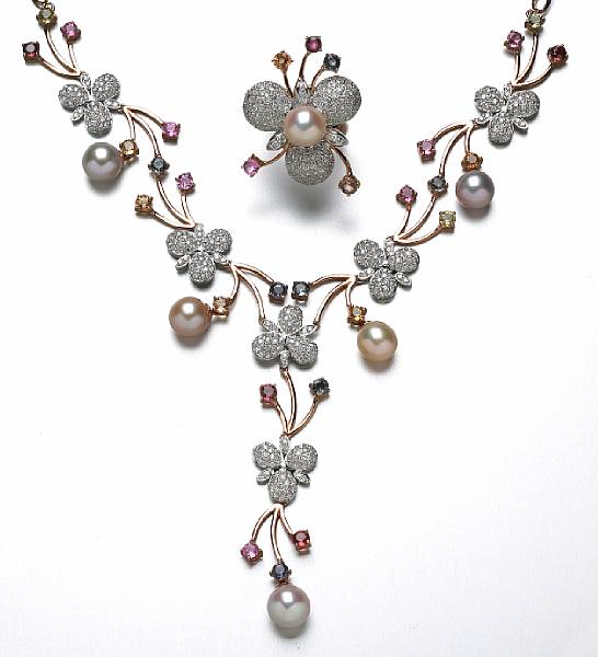 Appraisal: A set of multi-color sapphire diamond and cultured pearl jewelry