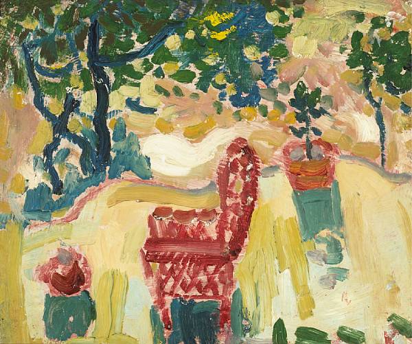 Appraisal: August Gay American - Garden Scene Gile's Red Chair Traveling