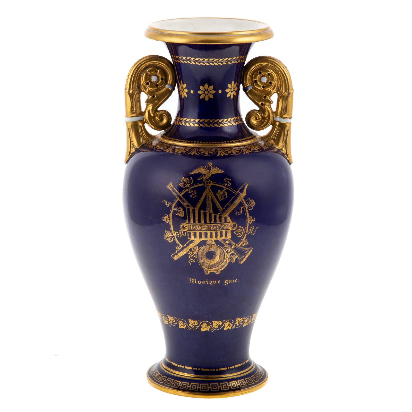 Appraisal: SEVRES PORCELAIN MUSIQUE GAIE VASE Dated bleu de roi ground