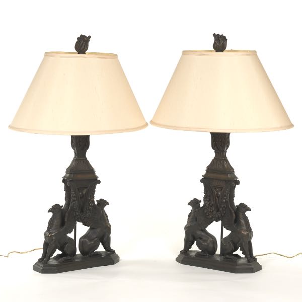 Appraisal: PAIR OF FRENCH EMPIRE STYLE BRONZE MIXED METALS GRYPHON LAMPS