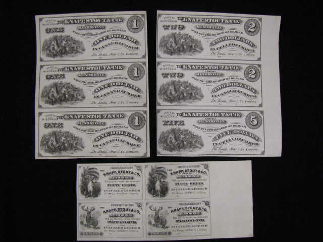 Appraisal: 's Wisconsin Obsolete Currency Sheets from Knapp Stout Co Monomonie