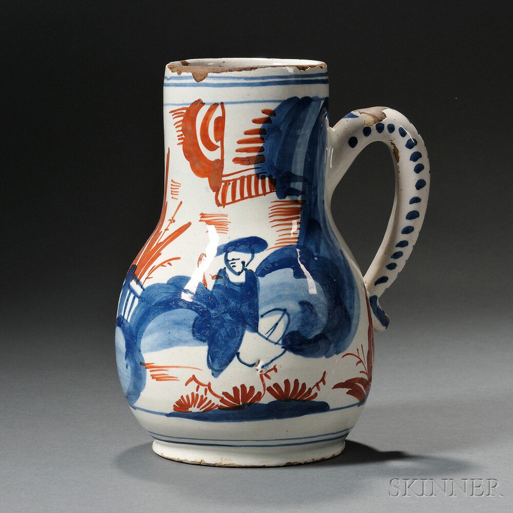 Appraisal: Dutch Delft Polychrome Decorated Jug Holland th century iron red