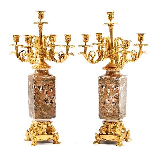 Appraisal: A Pair of Gilt Bronze and Satsuma Porcelain Candelabra Height