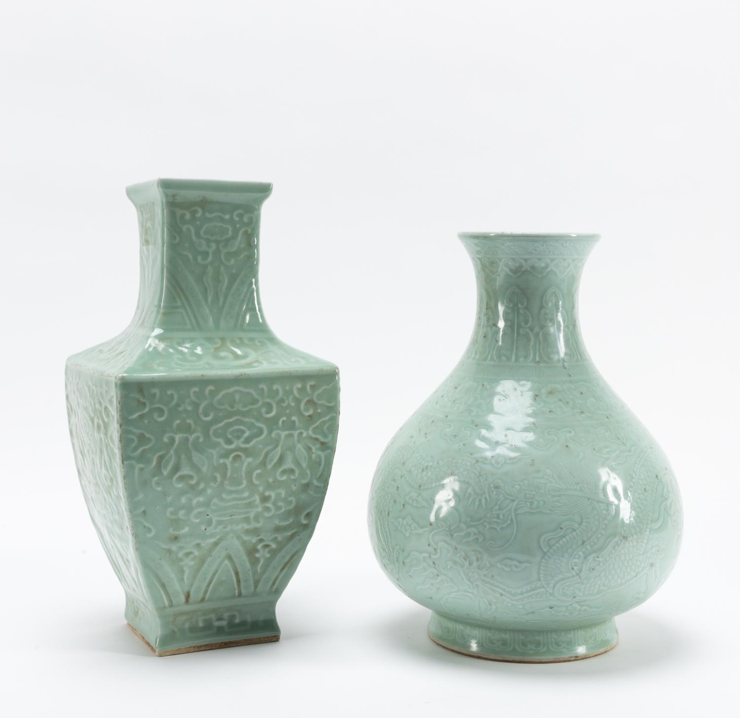 Appraisal: TWO CHINESE CELADON GLAZED PORCELAIN VASES Chinese two molded celadon