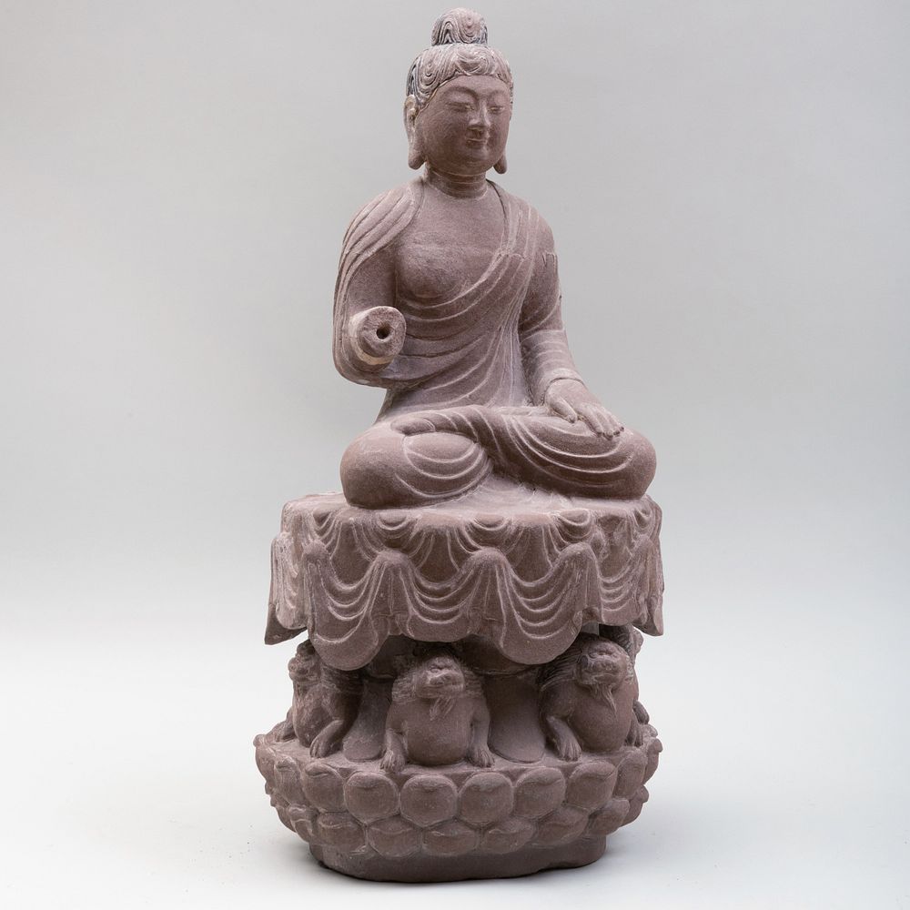 Appraisal: Chinese Carve Sandstone Enthroned Buddha in high Note This piece