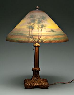 Appraisal: Reverse painted Jefferson lamp cast metal base with bronze patinated