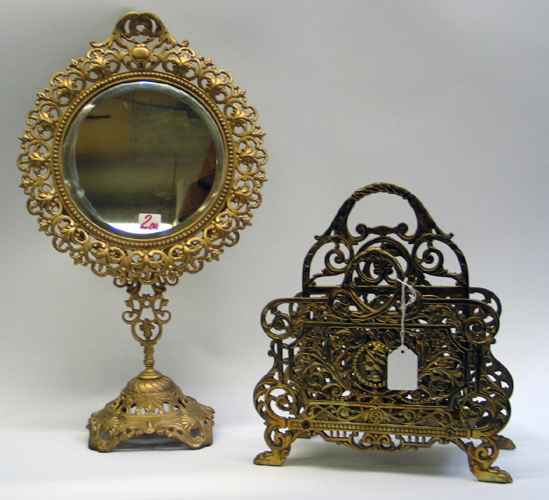 Appraisal: GILT METAL STAND MIRROR AND BRASS LETTER RACK The former