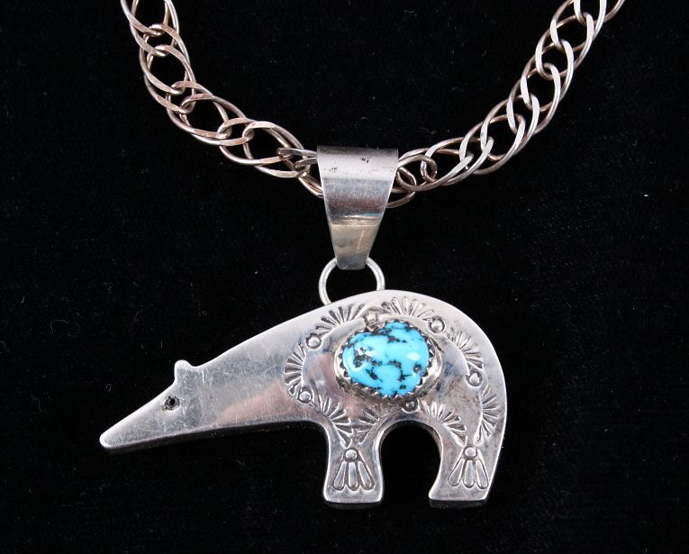 Appraisal: Navajo Sterling Turquoise Bear Pendant Necklace Featured in this lot