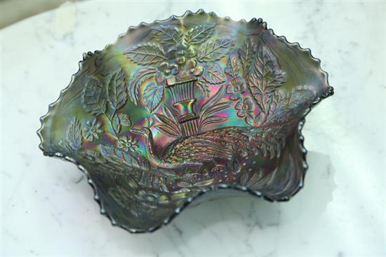 Appraisal: CARIVAL GLASS BOWL Fenton Peacock and Urn in green ''