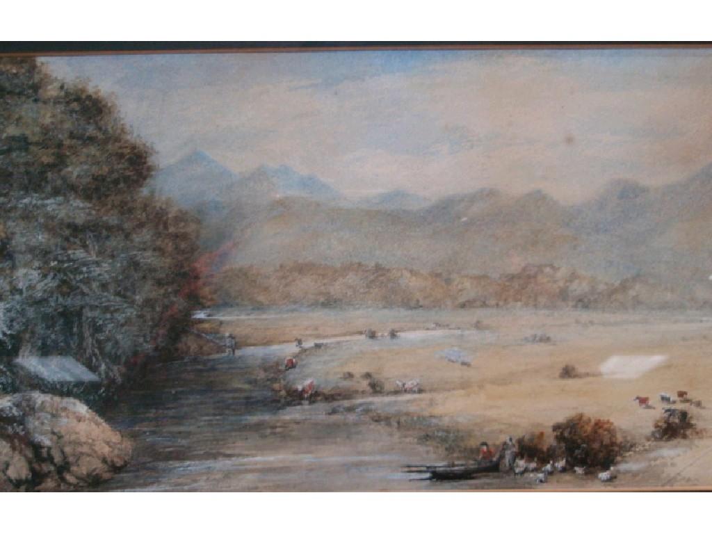 Appraisal: thC School Landscape watercolour with fisherman and cattle cm x