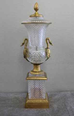 Appraisal: Gilt Bronze and Cut Glass Empire Style Urn withSwan Handles