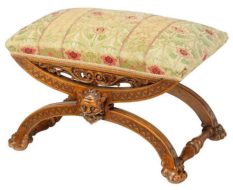 Appraisal: Aesthetic Movement Curule-Form Footstool Continental th century needlework seat over