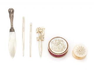 Appraisal: A Collection of Six Mother-of-Pearl Sewing Articles comprising a stiletto