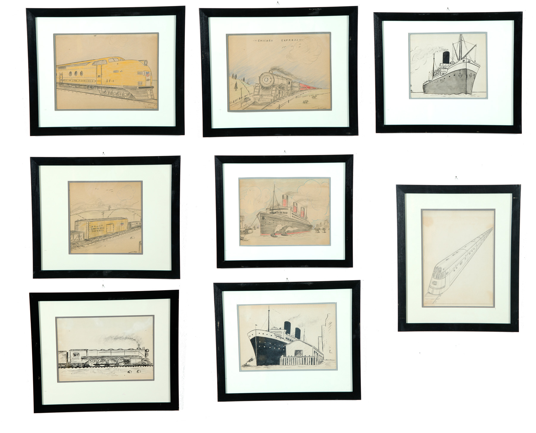 Appraisal: THIRTY-ONE AMERICAN TRANSPORTATION SKETCHES Ca pencil watercolor and colored pencil