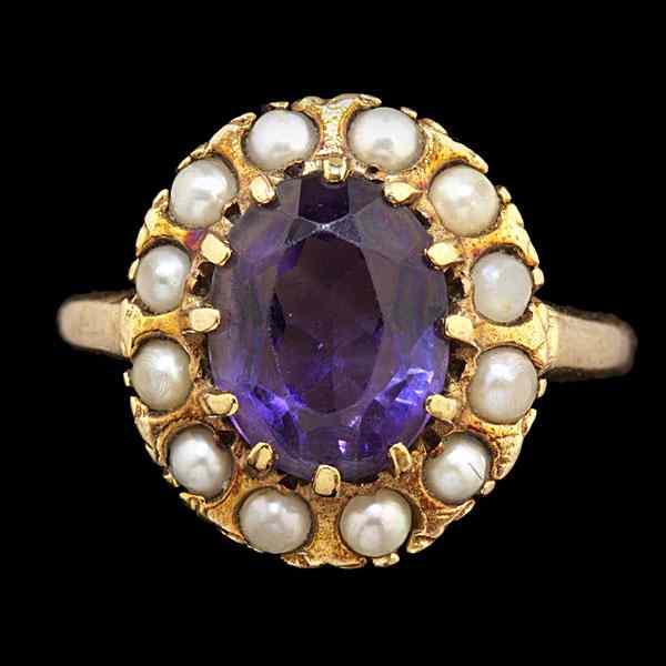 Appraisal: Amethyst Seed Pearl Ring A vintage prong set amethyst ring