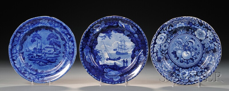 Appraisal: Three Blue and White Transfer-decorated Staffordshire Pottery Dinner Plates England