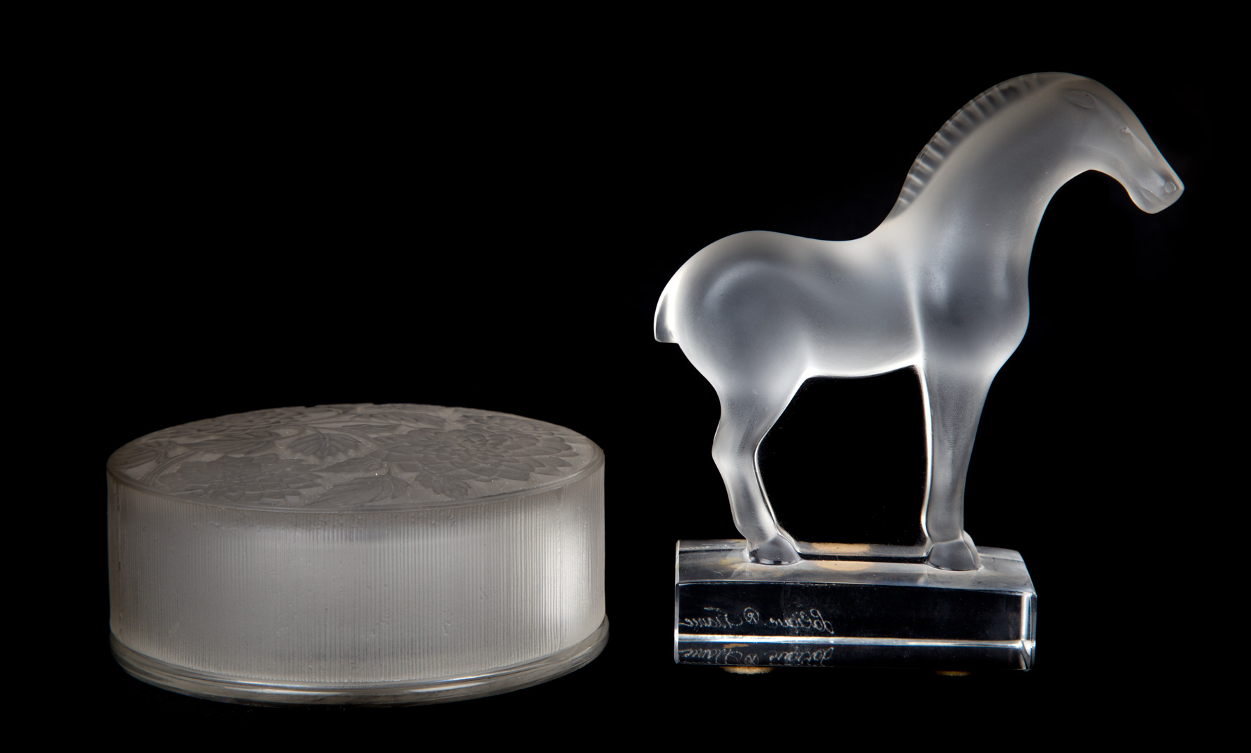 Appraisal: Lalique crystal powder box and horse figure partially frosted Tang