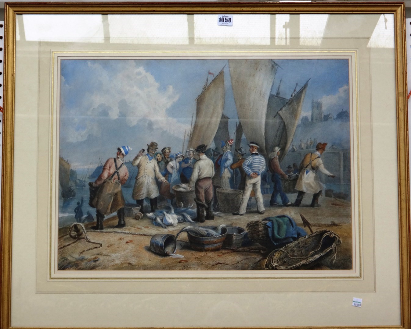 Appraisal: George Shepheard - Auctioning the Day's catch watercolour signed and