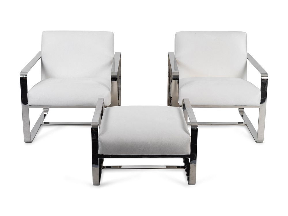 Appraisal: A Pair of Mitchell Gold Chromed Armchairs and Ottoman Chair