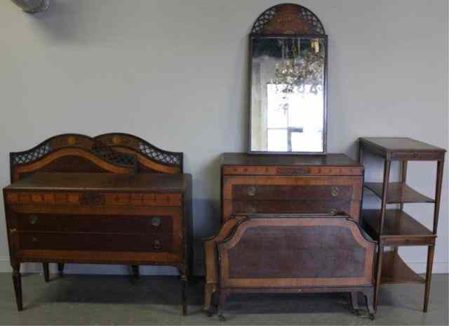 Appraisal: Painted and Inlaid Bedroom Set Including a tall chest -