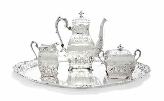 Appraisal: An Assembled German Silver Tea Service comprising a teapot with